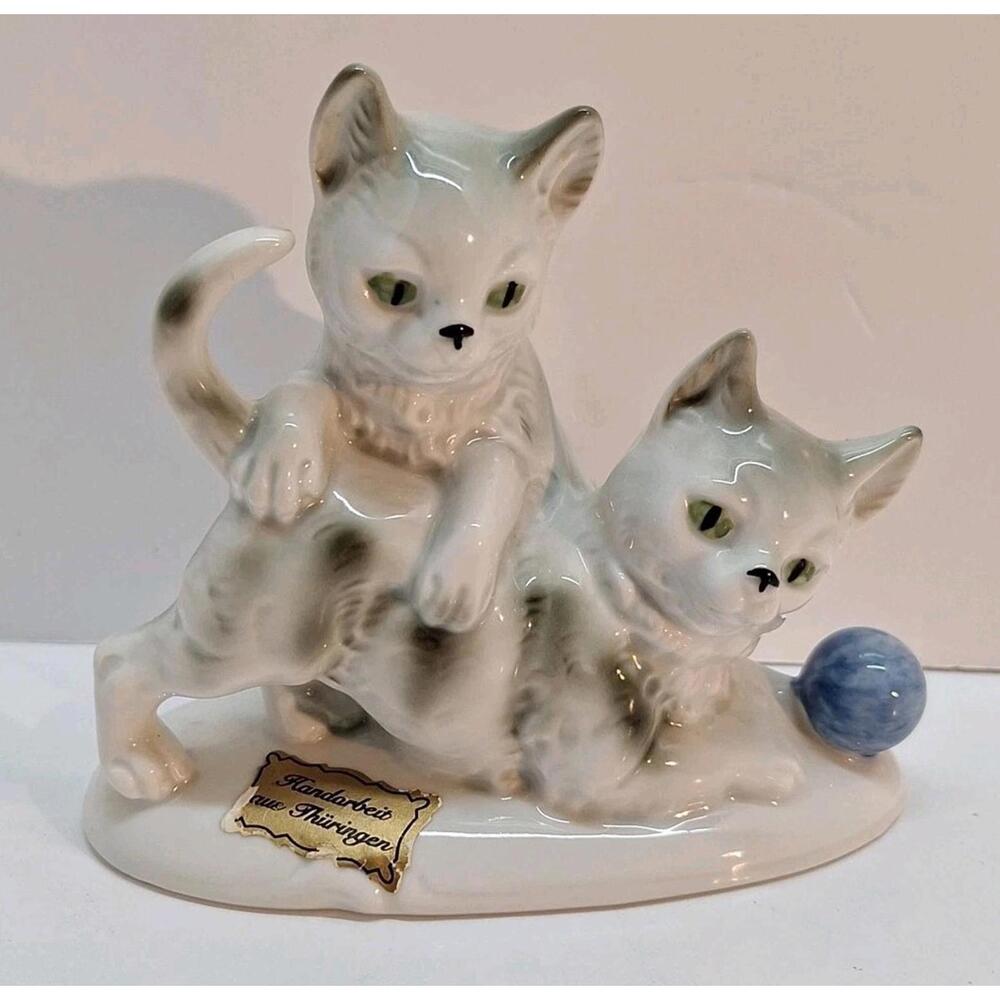 1960s Vintage GDR Gräfenthal Figurine #9441 Germany Kittens With Blue Ball Gift